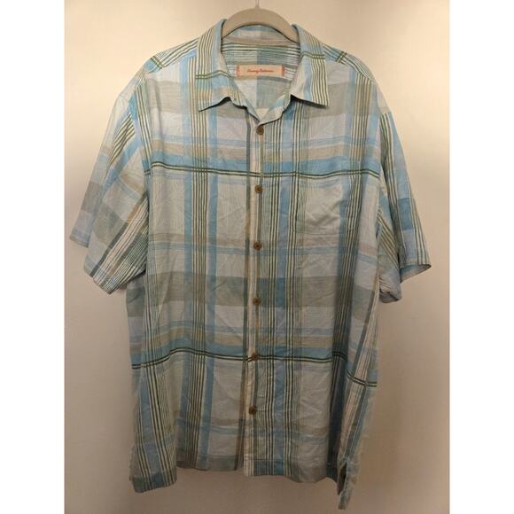 Tommy Bahama Men's L Blue Green Plaid 100% Silk Button Up Shirt Short Sleeve - Picture 1 of 8